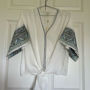 Max Studio tie front white with blue & green embroidered blouse sz Medium